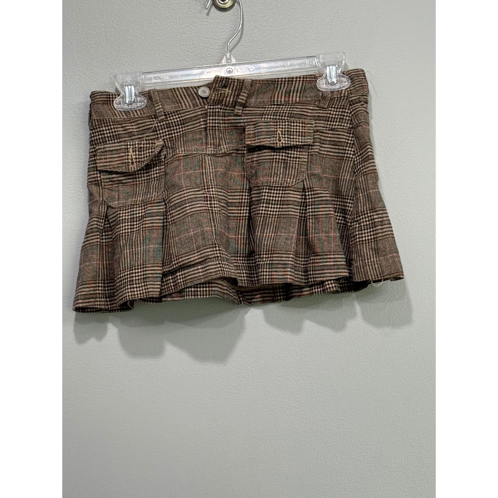 Fishbone Brown Plaid Pleated Mini Skirt low rise grunge academia Y2K XS